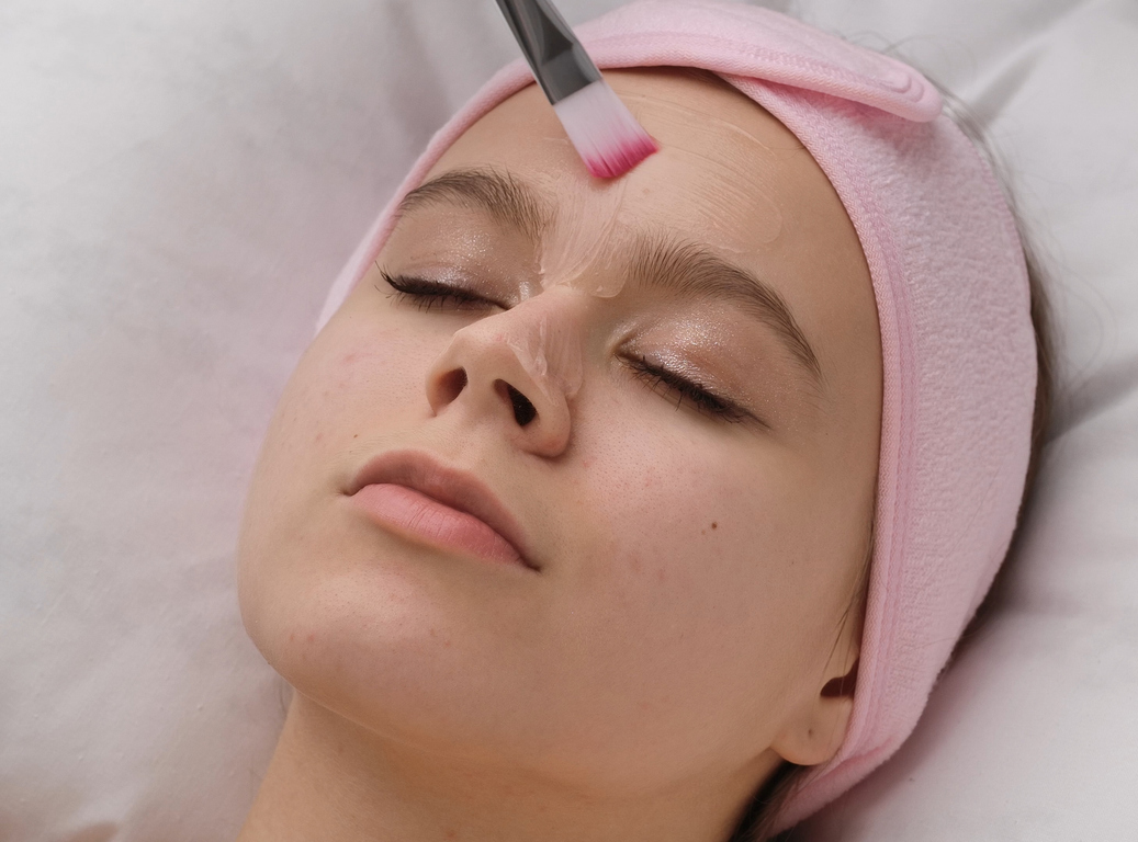 A person receiving a facial mask treatment with a brush.