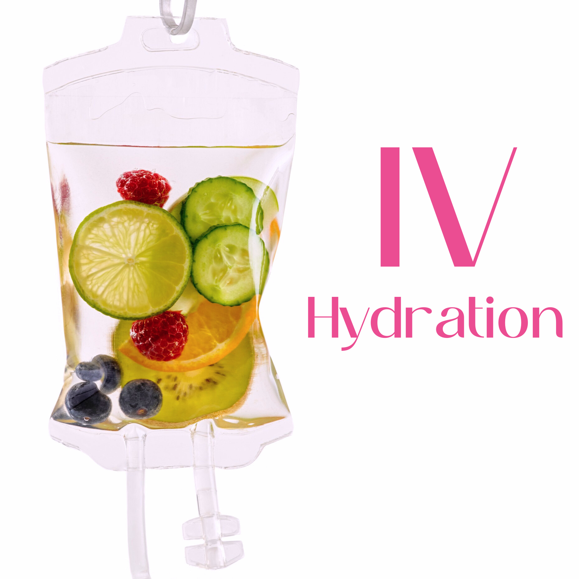 IV hydration bag with fruits like lime, cucumber, and berries.