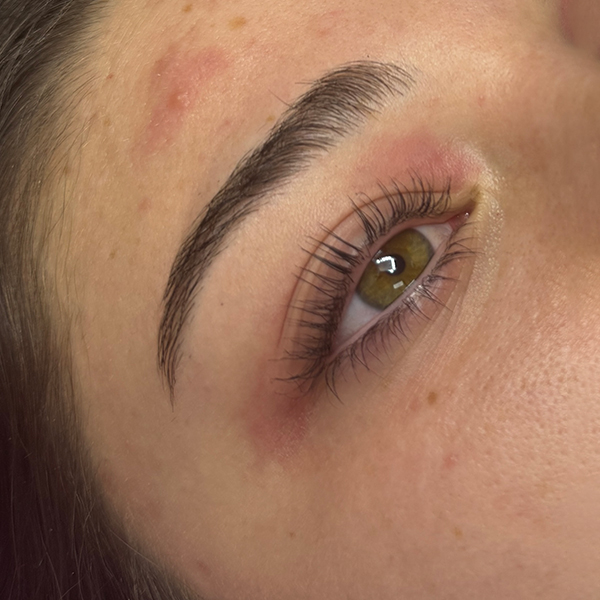 Close-up of a woman's eye with natural eyelashes and brown eyebrow.