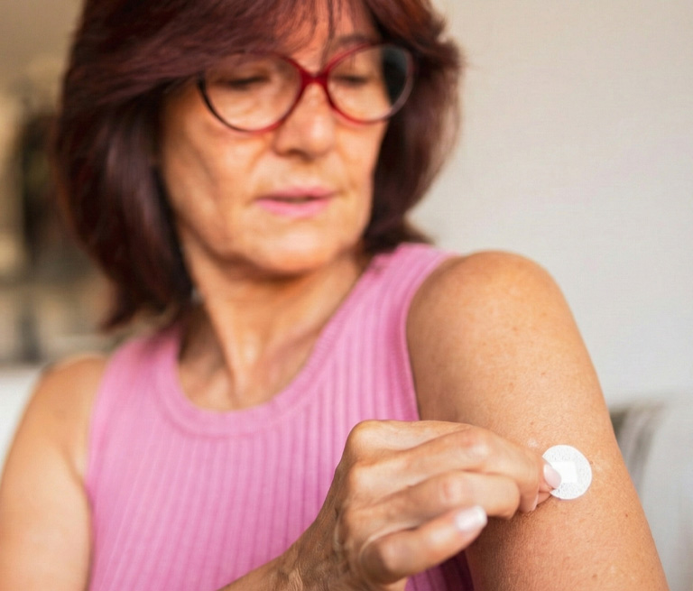 Woman applying patch to upper arm, wearing glasses and pink top.