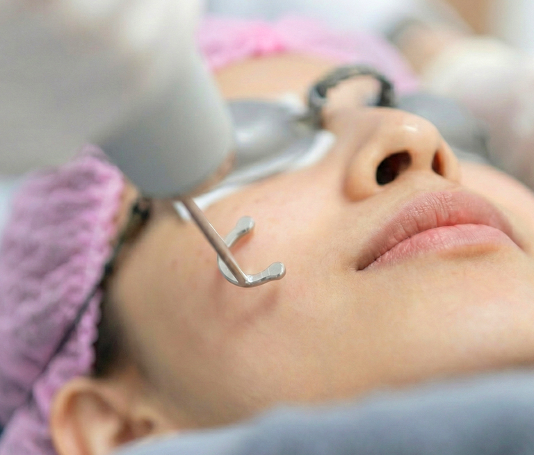 Woman receiving facial skin treatment with laser device.