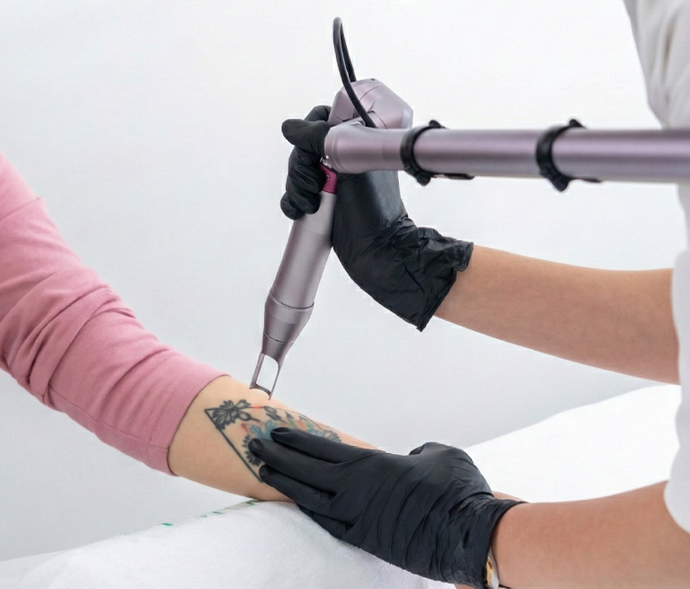 Tattoo removal on arm using laser technology in a clinic.